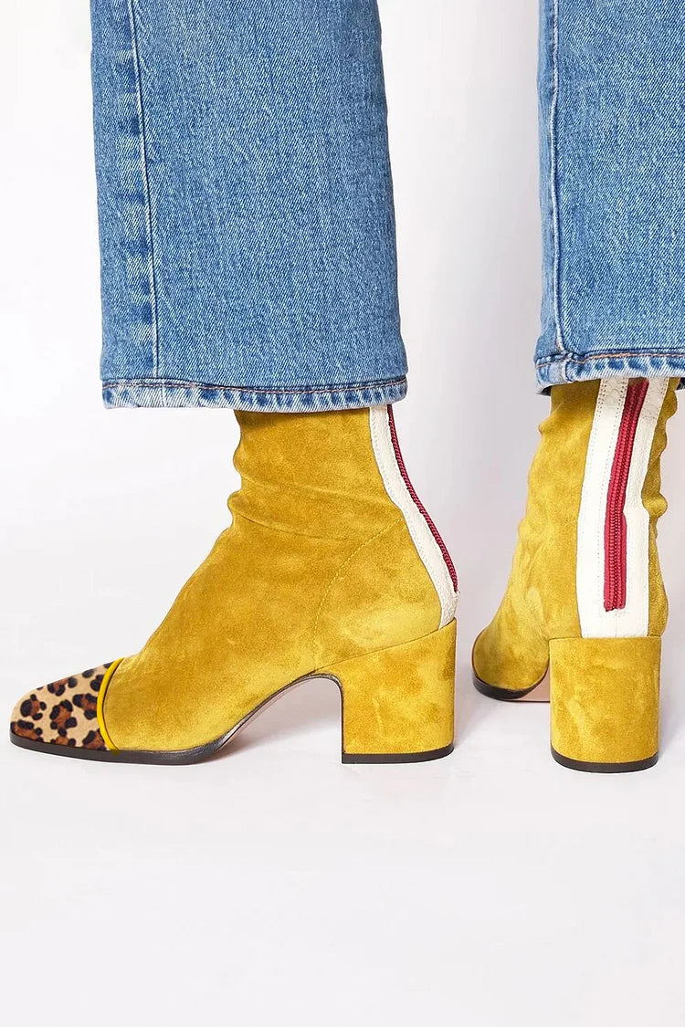 Wren | Women's Square Toe Block Heel Ankle Boots in Mustard